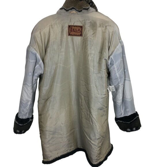 Vtg Skila Finland Faux Fur Coat 10 Nordic Floral Pattern Toggles Plush Neutral - Picture 9 of 11